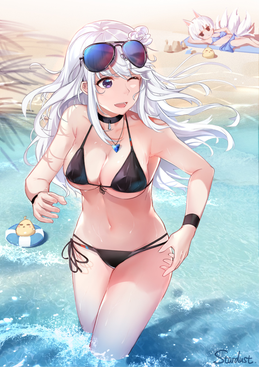 2girls, ;), =_=, afloat, alternate_costume, animal_ears, azur_lane, bangs, beach, bikini, bird, black_bikini, blue_eyes, blush, breasts, choker, cleavage, commentary_request, day, dust_(394652411), enterprise_(azur_lane), eyebrows_visible_through_hair, eyewear_on_head, fox_ears, fox_tail, groin, highres, innertube, jewelry, kaga_(azur_lane), large_breasts, long_hair, looking_at_viewer, looking_away, lying, multiple_girls, navel, necklace, ocean, one_eye_closed, open_mouth, sand, short_hair, side-tie_bikini, signature, silver_hair, smile, stomach, sunglasses, swimsuit, tail, very_long_hair, violet_eyes, wading, wet, white_hair, wristband