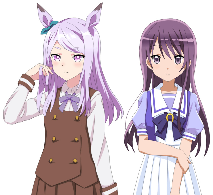 :|, animal_ears, blue_bow, bow, brown_skirt, closed_mouth, comic_girls, cosplay, costume_switch, cp9a, hand_in_hair, hand_up, holding_own_arm, horse_ears, irokawa_ruki, lavender_eyes, long_hair, long_sleeves, mejiro_mcqueen, oonishi_saori, purple_hair, school_uniform, seiyuu_connection, serafuku, short_sleeves, skirt, smile, umamusume, upper_body, violet_eyes, white_skirt