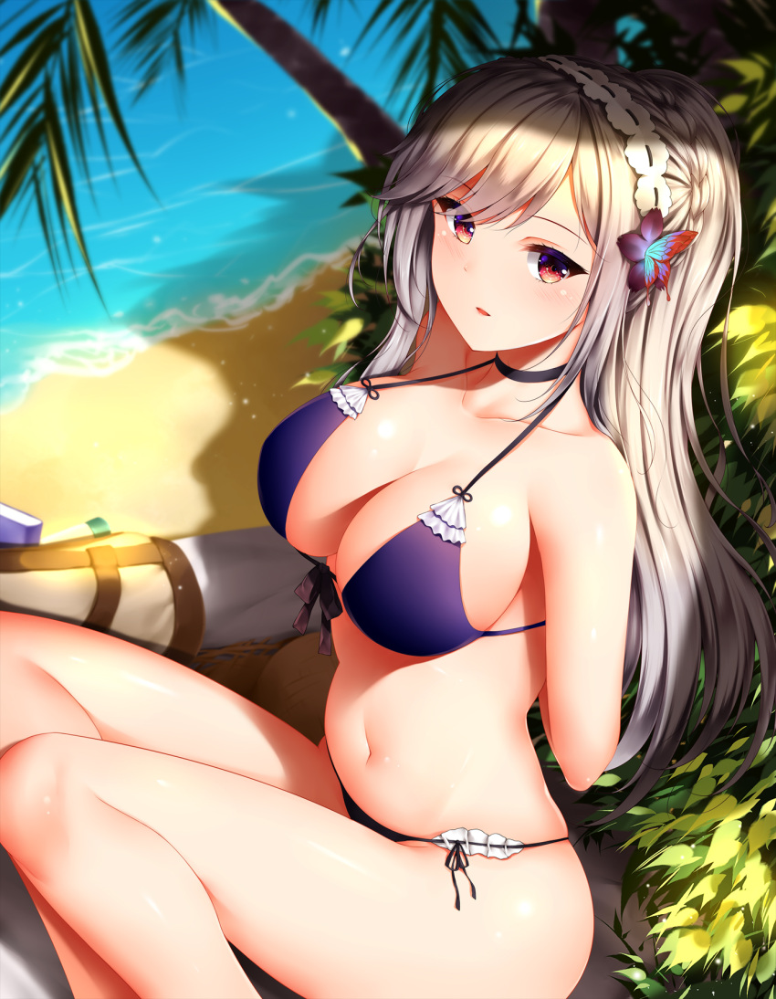 1girl, arms_behind_back, azur_lane, beach, bikini, black_choker, blonde_hair, blush