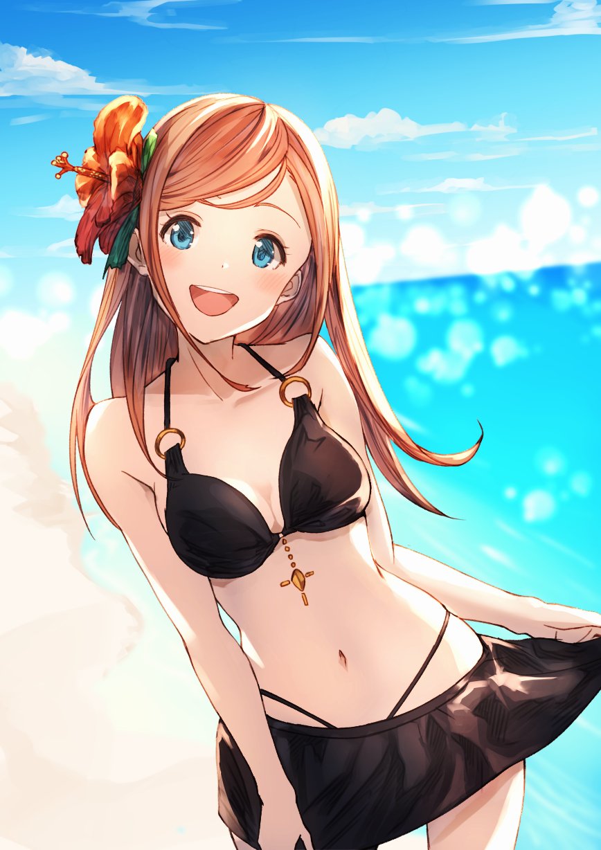 1girl, :d, bangs, bikini, bikini_skirt, black_bikini, blue_eyes, blurry