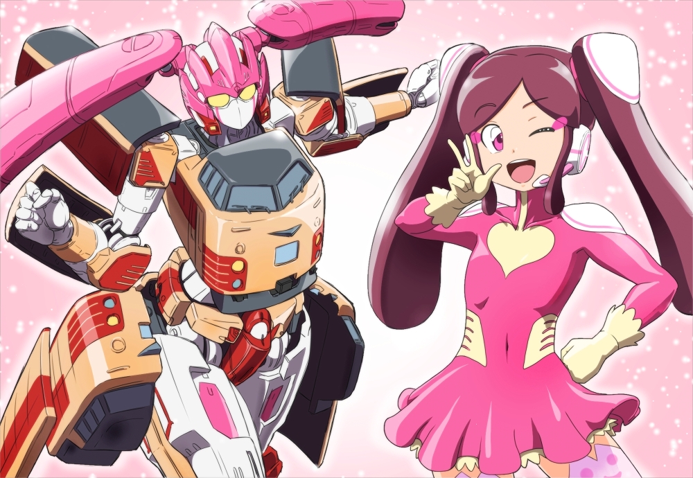 1girl, ;d, dress, gloves, headset, looking_at_viewer, mecha, niiyan