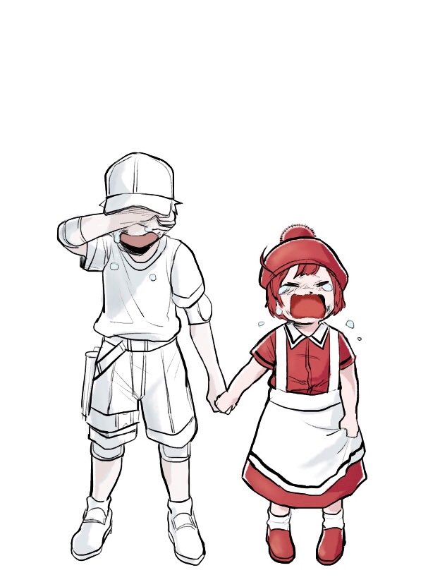 1boy, 1girl, ae-3803, baseball_cap, child, closed_eyes, covering_eyes, crying, dirty, dress, elbow_pads, erythroblast_(hataraku_saibou), hand_holding, hat, hataraku_saibou, knee_pads, myelocyte_(hataraku_saibou), pemusuka, pinafore_dress, pom_pom_(clothes), red_footwear, red_hat, redhead, short_hair, shorts, simple_background, socks, tears, u-1146, wavy_mouth, white_background, white_hat, white_legwear, white_shorts, white_skin, younger