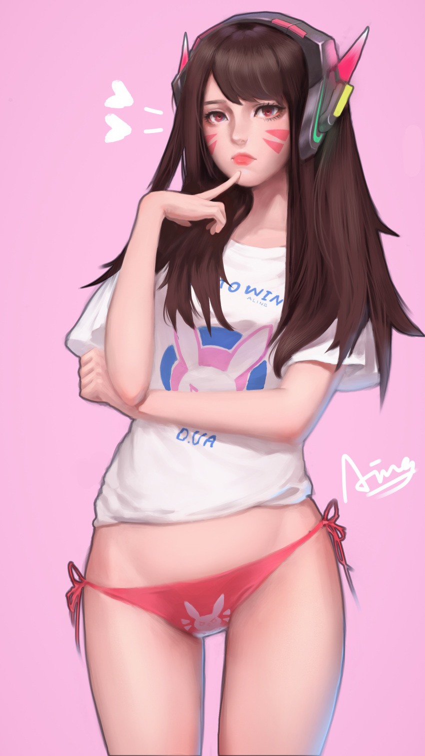 1girl, absurdres, aling, artist_name, bangs, bikini, breasts, brown_eyes, brown_hair, cowboy_shot, d.va_(overwatch), eyelashes, facepaint, facial_mark, finger_to_chin, heart, highres, long_hair, looking_at_viewer, no_pants, nose, orange_bikini_bottom, outline, overwatch, panties, pink_background, pink_lips, print_bikini_bottom, print_shirt, shirt, short_sleeves, side-tie_bikini, signature, simple_background, small_breasts, solo, spoken_heart, swept_bangs, swimsuit, t-shirt, underwear, whisker_markings, white_shirt