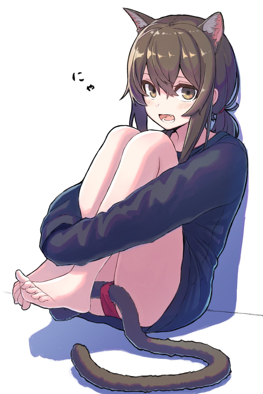 1girl, :d, amekaze_yukinatsu, animal_ears, bangs, bare_legs, barefoot, black_shirt