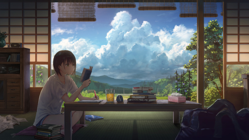 1girl, bag, book, clouds, commentary, cup, drinking_glass, highres