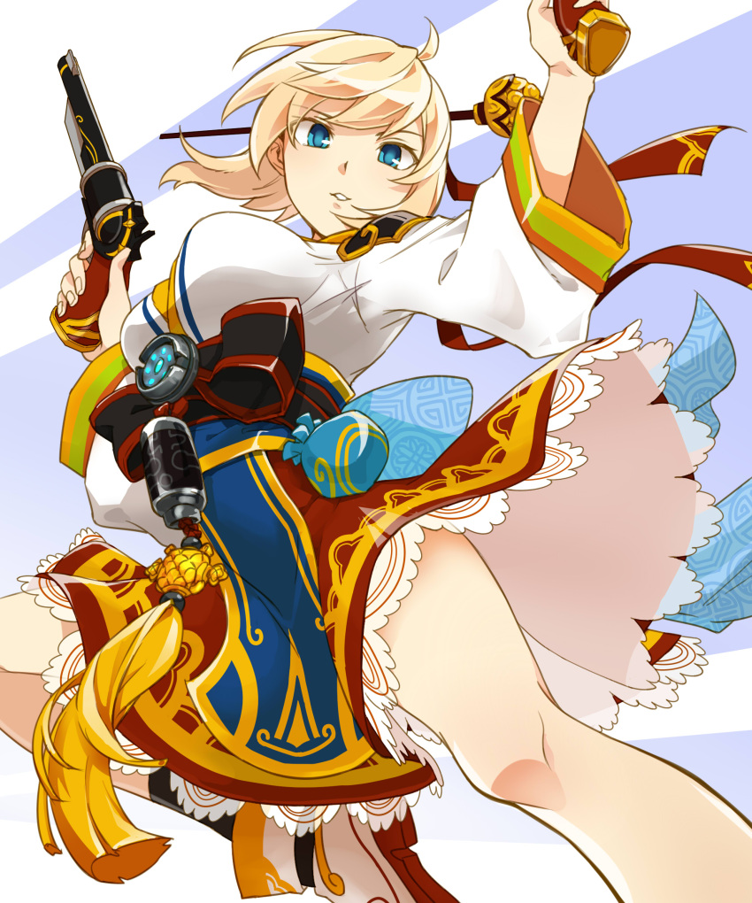 1girl, absurdres, bangs, breasts, dual_wielding, elsword, eyebrows_visible_through_hair, gun