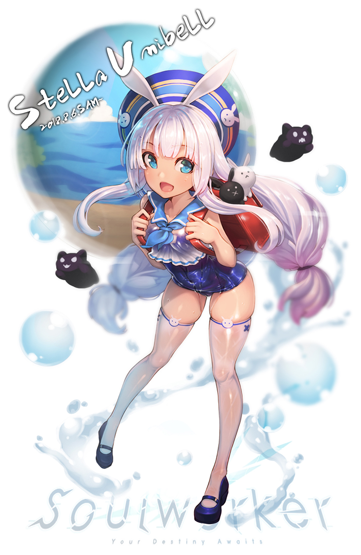 1girl, animal_ears, backpack, bag, blue_eyes, covered_navel, crop_top, ecell