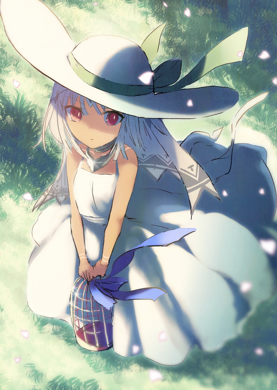 1girl, altera_(fate), birdcage, blue_ribbon, bow, cage, child, dark_skin