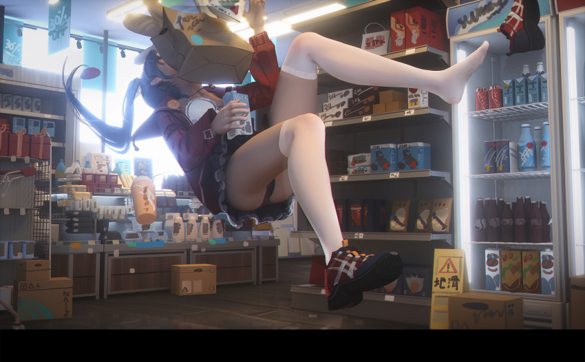 1girl, bag, baguette, black_hair, black_panties, bread, falling, food