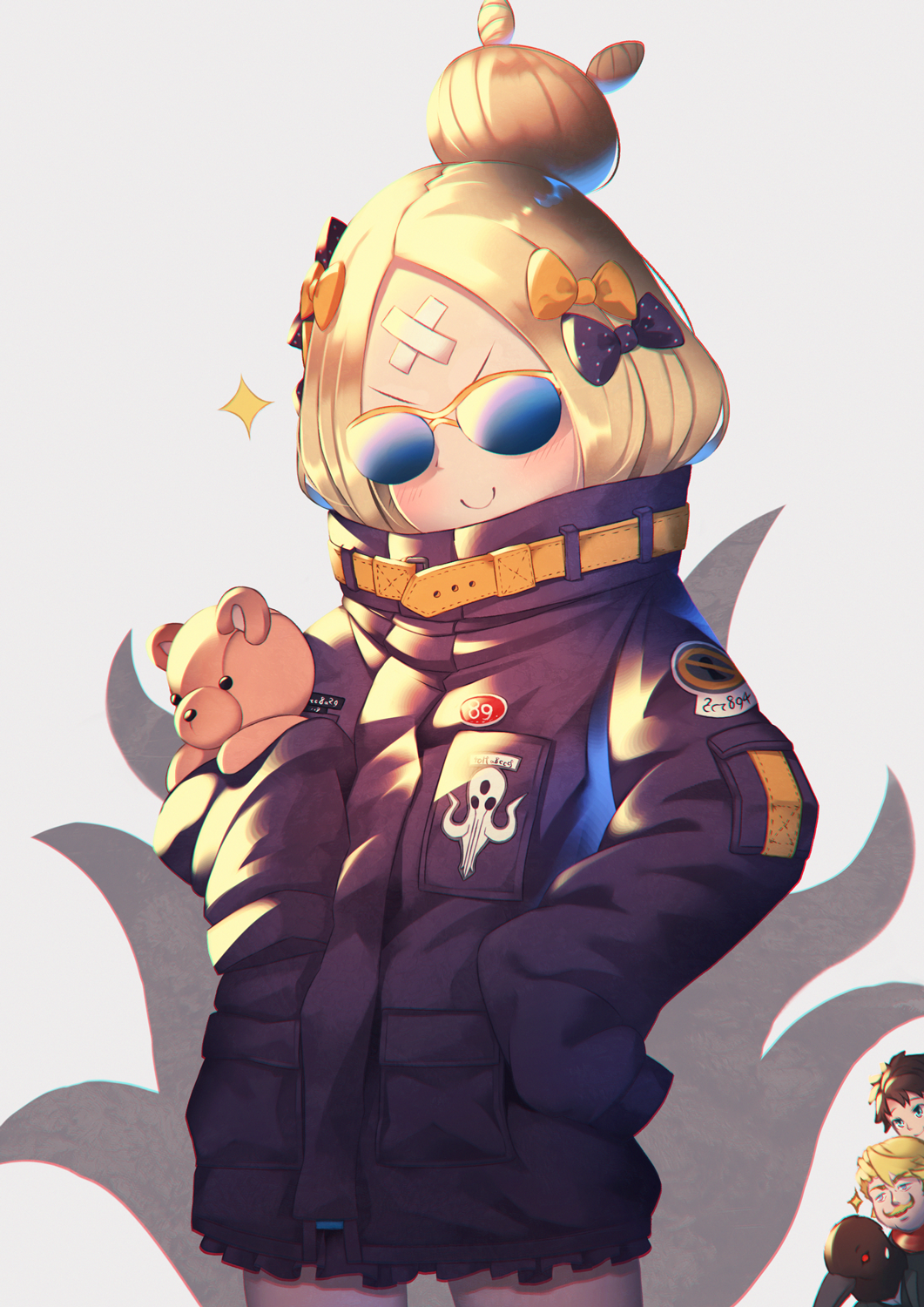 1girl, 2boys, 307_(aho307), abigail_williams_(fate/grand_order), bangs, black_bow, black_jacket, blonde_hair