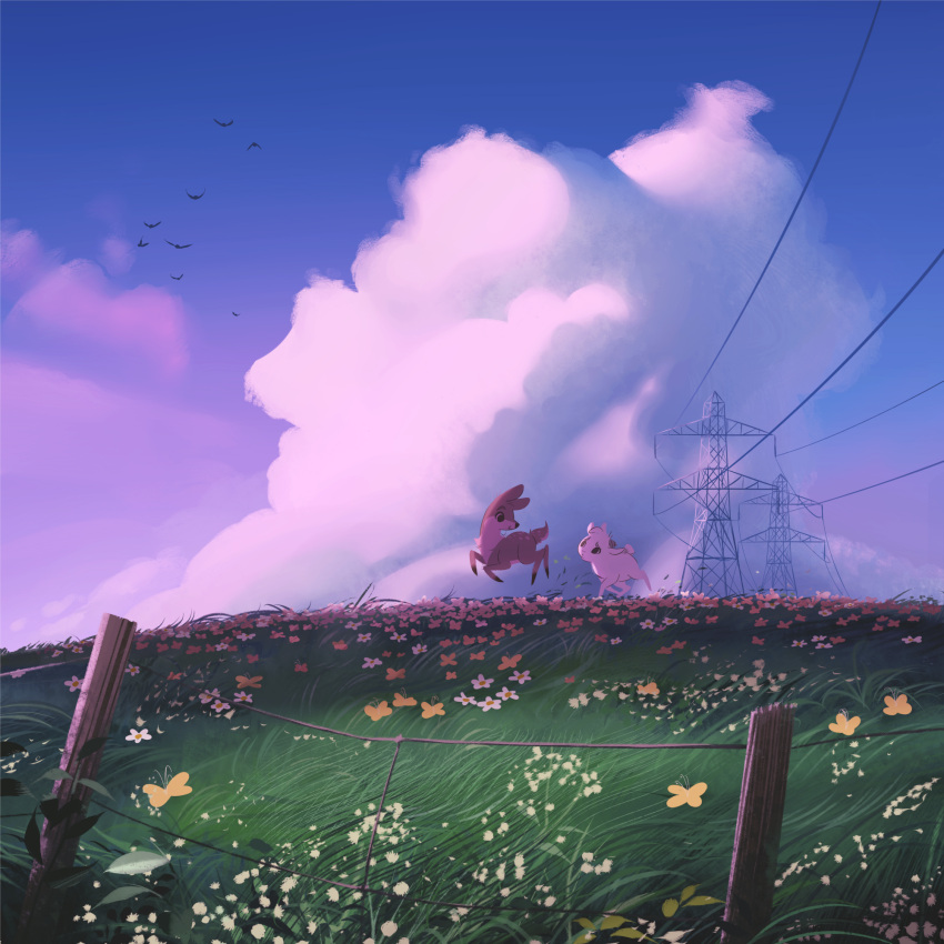 bird, bug, butterfly, clouds, danfango, day, deer, fence