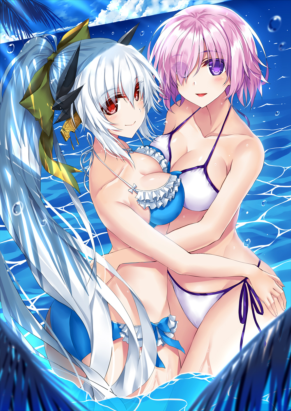 2girls, aqua_hair, ass, asymmetrical_docking, bikini, blue_bikini, blue_sky, bow, breast_press, breasts, cleavage, clouds, cowboy_shot, cute, day, dragon_girl, dragon_horns, fate/grand_order, fate_(series), frilled_bikini, frills, hair_over_one_eye, highres, horizon, horns, hug, kiyohime_(fate/grand_order), kiyohime_(swimsuit_lancer)_(fate), long_hair, love, mash_kyrielight, medium_breasts, morizono_shiki, multiple_girls, ocean, outdoors, ponytail, purple_hair, red_eyes, short_hair, side-tie_bikini, sky, swimsuit, violet_eyes, water, white_bikini, white_hair, yellow_bow, yellow_eyes, yuri