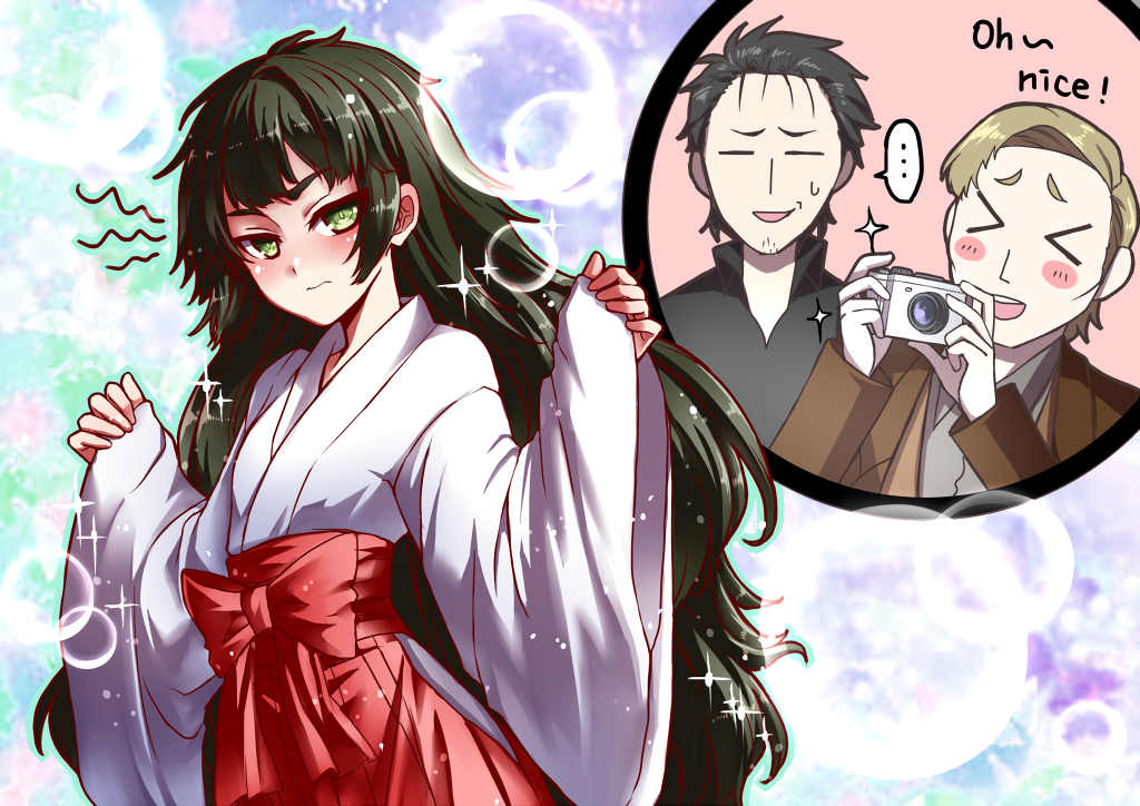 ..., 1girl, 2boys, alexis_leskinen, alternate_costume, black_hair, blonde_hair, blush