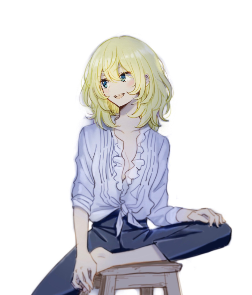 1girl, bangs, barefoot, blonde_hair, blue_eyes, commentary, cosplay, eyebrows_visible_through_hair, frilled_shirt, frills, girls_und_panzer, highres, inumoto, leg_up, long_sleeves, looking_to_the_side, medium_hair, messy_hair, open_mouth, oscar_francois_de_jarjayes, oscar_francois_de_jarjayes_(cosplay), oshida_(girls_und_panzer), shirt, sitting, sleeves_rolled_up, smile, solo, stool, versailles_no_bara, white_shirt