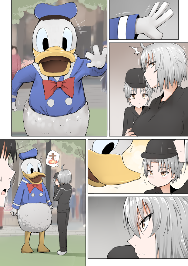 1boy, 1girl, ahoge, animal_costume, blush, breasts, burning_at_the_stake, comic, disney, disneyland, donald_duck, faceless, faceless_male, fate/grand_order, fate_(series), father_and_son, flying_sweatdrops, fujimaru_ritsuka_(male), ginhaha, hat, jeanne_d'arc_(alter)_(fate), jeanne_d'arc_(fate)_(all), large_breasts, mother_and_son, pale_skin, short_hair, silent_comic, silver_hair, surprised, sweatdrop, yellow_eyes