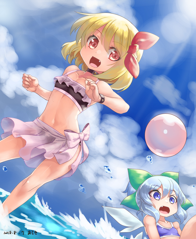 2girls, :d, alternate_costume, araki_(qbthgry), arms_up, ball, bangs, beachball