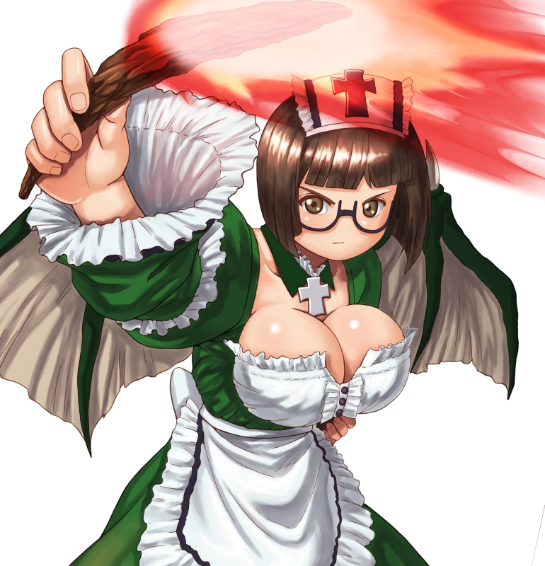 1girl, :|, apron, bad_anatomy, black-framed_eyewear, breasts, brown_eyes, brown_hair, cave, cleavage, closed_mouth, cross, cross_necklace, deathsmiles, fire, follett_(deathsmiles), jewelry, large_breasts, long_sleeves, looking_at_viewer, necklace, shinonome_(game_hakkutsu_tai), simple_background, solo, standing, torch, white_background, wings