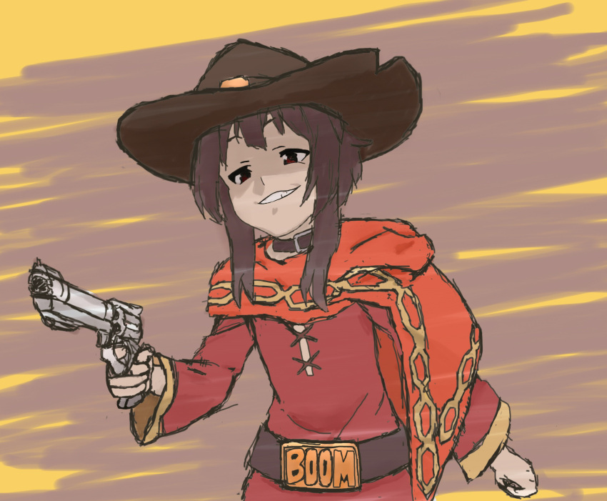 adapted_costume, alternate_costume, belt_buckle, buckle, cellix, cosplay, cowboy_hat, crossover, english, epic, gun, handgun, hat, highres, kono_subarashii_sekai_ni_shukufuku_wo!, mccree_(overwatch), mccree_(overwatch)_(cosplay), megumin, meme, multicolored, multicolored_background, overwatch, revolver, smug, weapon, what