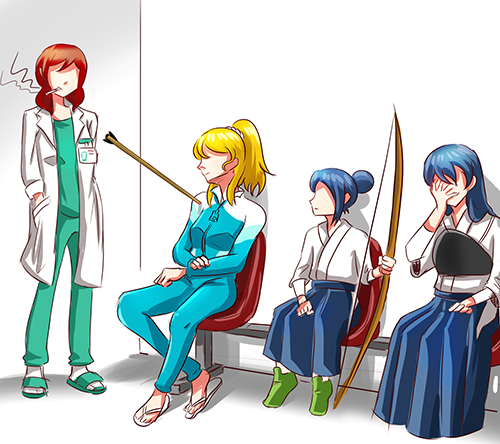 4girls, arrow_in_body, ayase_eli, blonde_hair, blue_hair, bow_(weapon), chair, cigarette