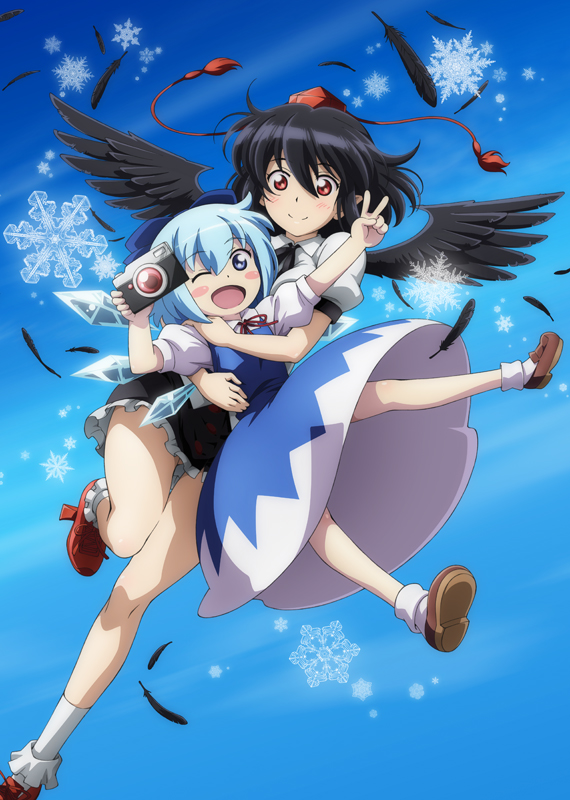 2girls, bangs, black_hair, black_neckwear, black_ribbon, black_skirt, black_wings, blue_background