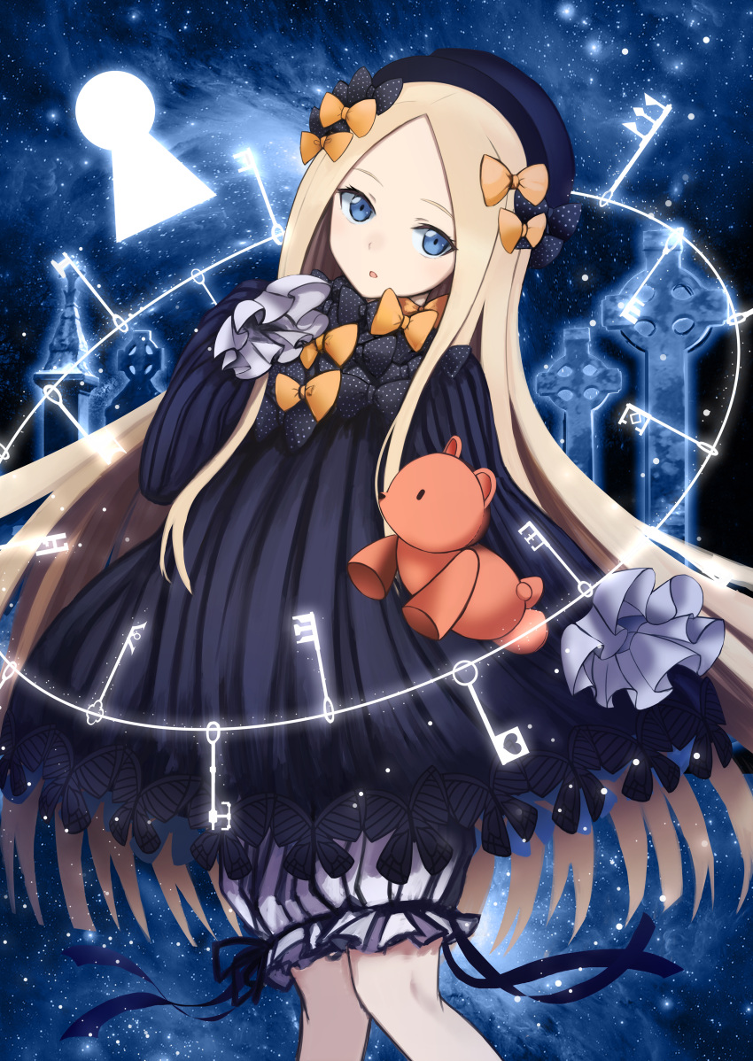 1girl, abigail_williams_(fate/grand_order), absurdres, bangs, black_bow, black_dress, black_hat, blonde_hair, bloomers, blue_eyes, bow, bug, butterfly, commentary_request, dress, fate/grand_order, fate_(series), forehead, hair_bow, hat, head_tilt, highres, insect, key, keyhole, long_hair, long_sleeves, looking_at_viewer, moni_(credo), night, night_sky, orange_bow, parted_bangs, parted_lips, polka_dot, polka_dot_bow, sky, sleeves_past_fingers, sleeves_past_wrists, solo, star_(sky), starry_sky, stuffed_animal, stuffed_toy, teddy_bear, tombstone, underwear, very_long_hair, white_bloomers