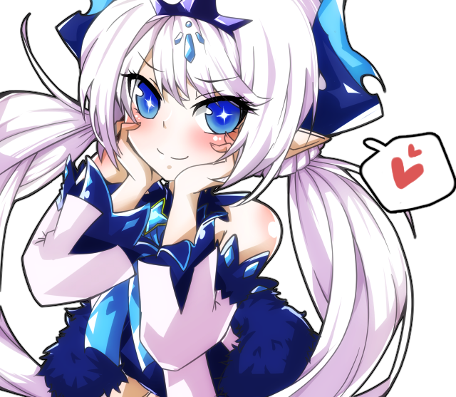 1girl, blue_eyes, blush, crown, detached_sleeves, elsword, hand_on_own_face, heart