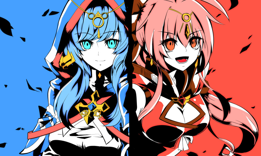 2girls, blue_eyes, blue_hair, breasts, cleavage, cloak, earrings, elsword