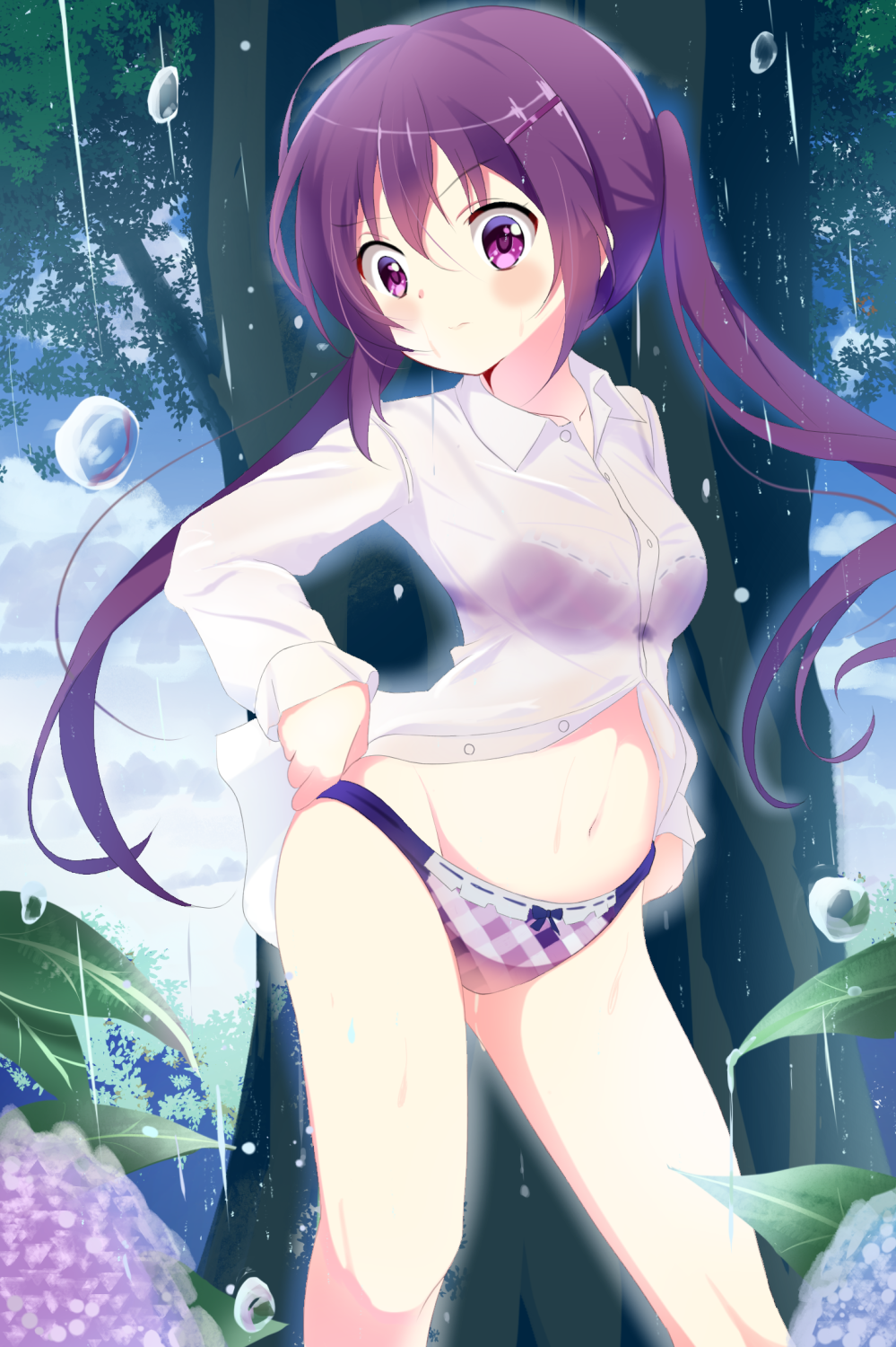 1girl, adjusting_clothes, adjusting_panties, bangs, blue_sky, blush, bow, bow_panties