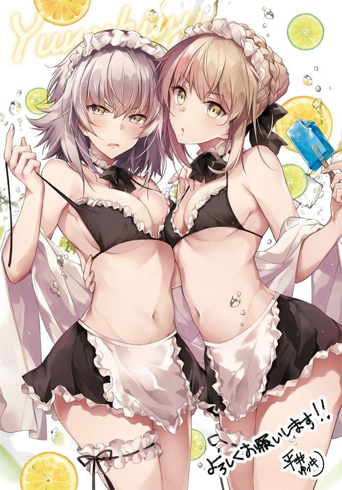 2girls, artoria_pendragon_(all), artoria_pendragon_(swimsuit_rider_alter), artoria_pendragon_(swimsuit_rider_alter)_(cosplay), asymmetrical_docking, bangs, bikini, black_bikini, black_skirt, blonde_hair, blush, bow, bowtie, breast_press, breasts, collarbone, commentary_request, cosplay, cowboy_shot, eyebrows_visible_through_hair, fate/grand_order, fate_(series), food, fruit, fruit_background, hair_between_eyes, hair_bow, head_tilt, hirai_yuzuki, ice_cream, jeanne_d'arc_(alter)_(fate), jeanne_d'arc_(fate)_(all), large_breasts, lemon, looking_at_viewer, maid_bikini, midriff, miniskirt, multiple_girls, navel, open_mouth, saber_alter, short_hair, sidelocks, signature, silver_hair, skirt, strap_pull, swimsuit, thigh_strap, translated, twitter_username, yellow_eyes