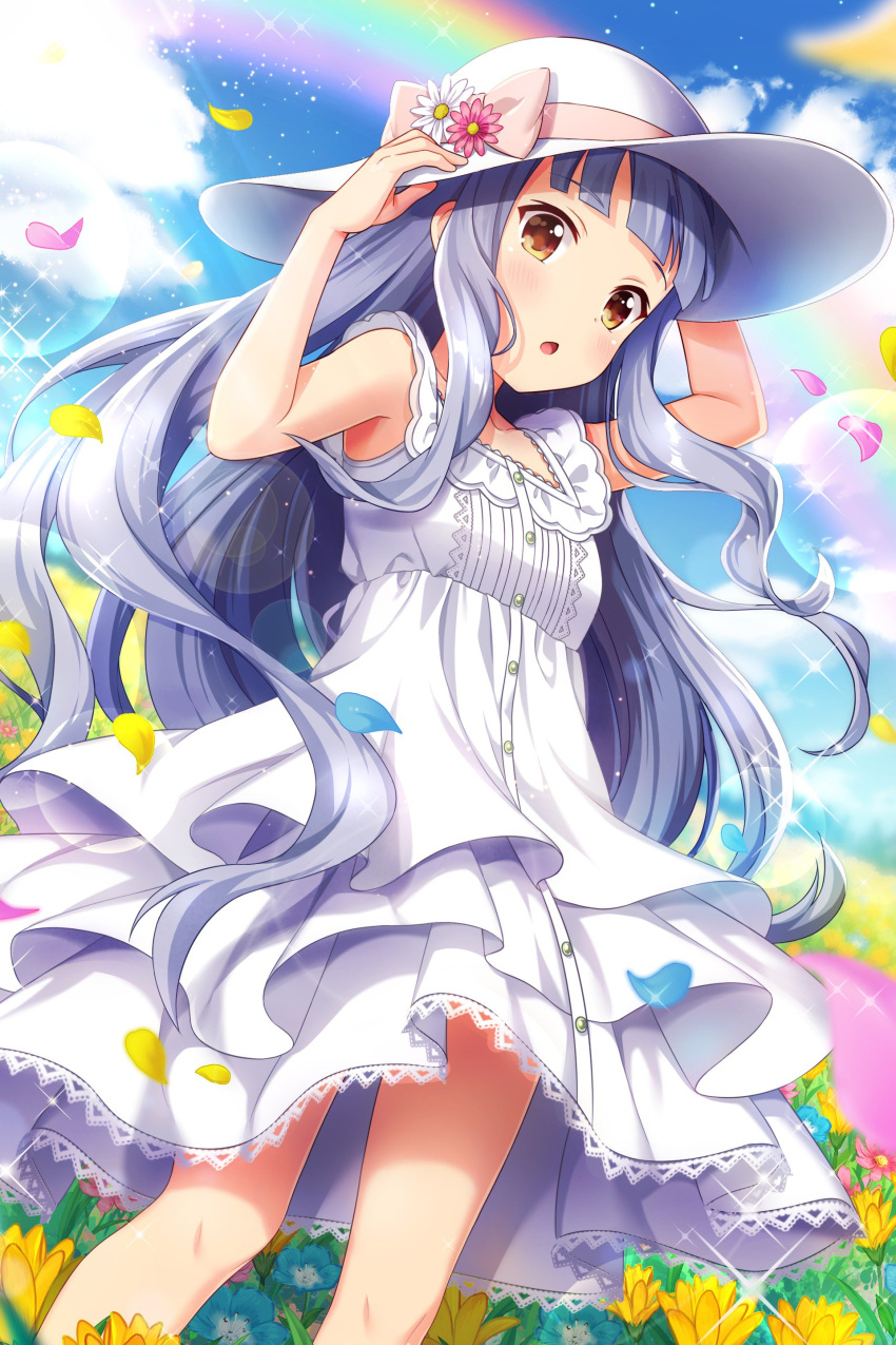 1girl, absurdres, adjusting_clothes, adjusting_hat, alternative_girls, bangs, blue_flower, blunt_bangs