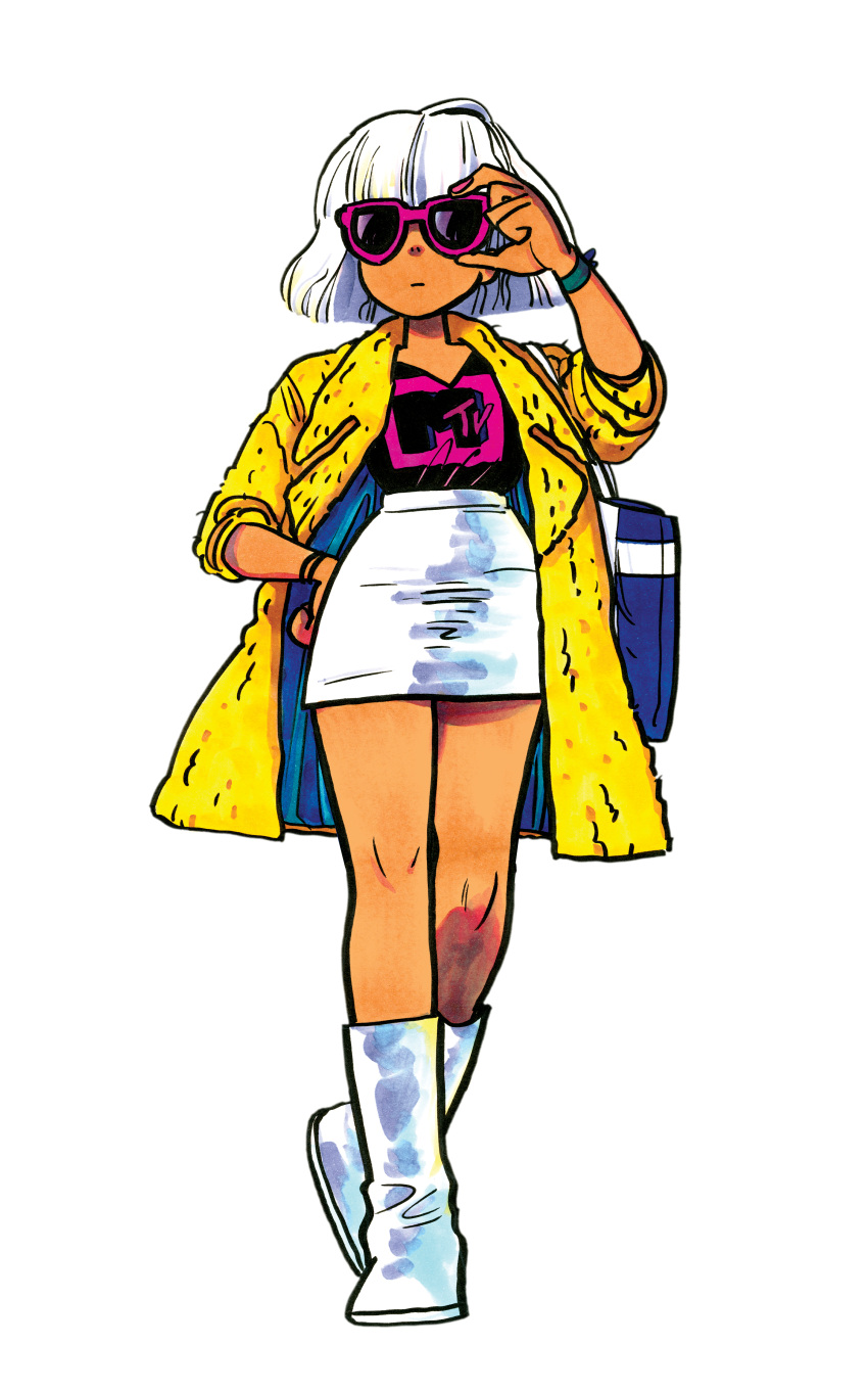 1girl, absurdres, adjusting_eyewear, aubrey_(worst_world), bag, black_shirt, blue_bag, boots