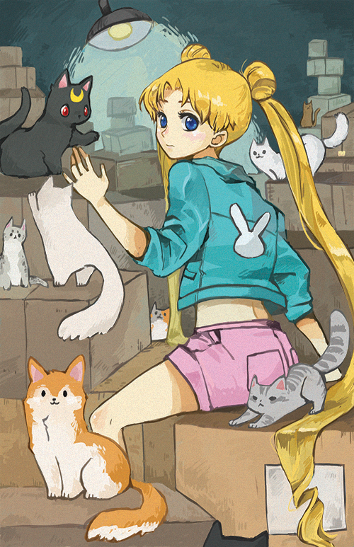 1girl, animal_print, aqua_jacket, bangs, bishoujo_senshi_sailor_moon, black_cat, blonde_hair, blue_eyes