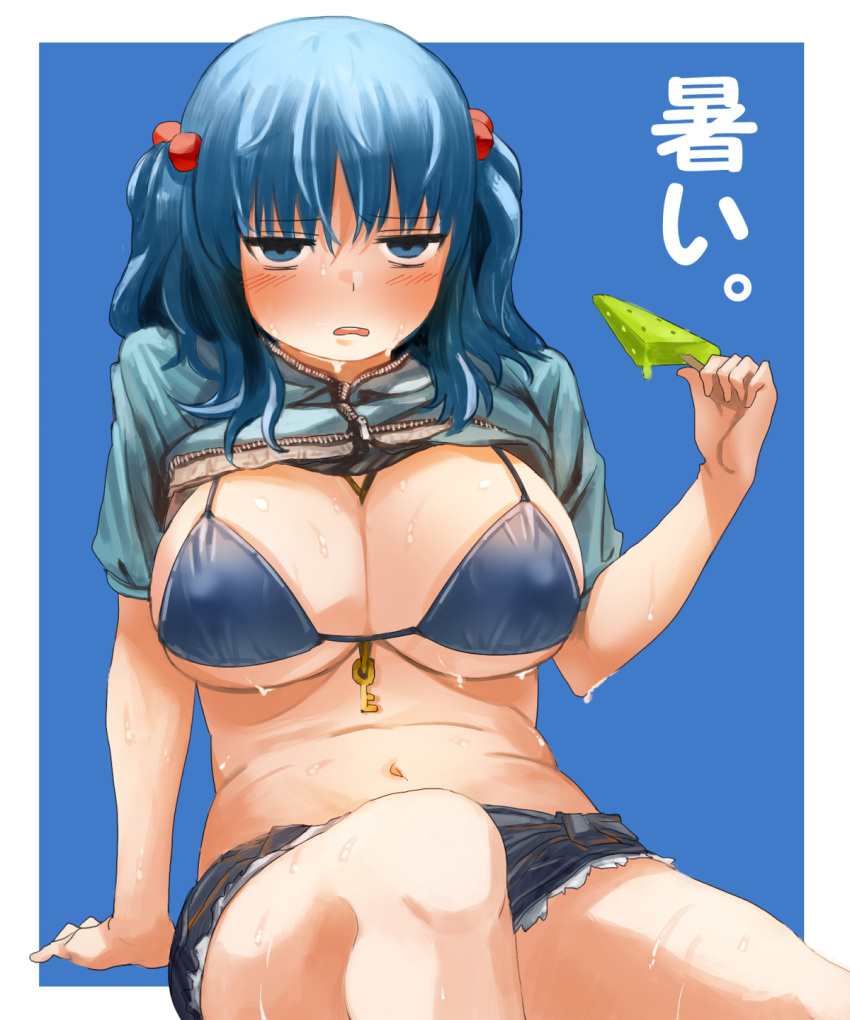 1girl, bikini_top, blue_background, blue_bikini_top, blue_hair, blush, breasts, commentary
