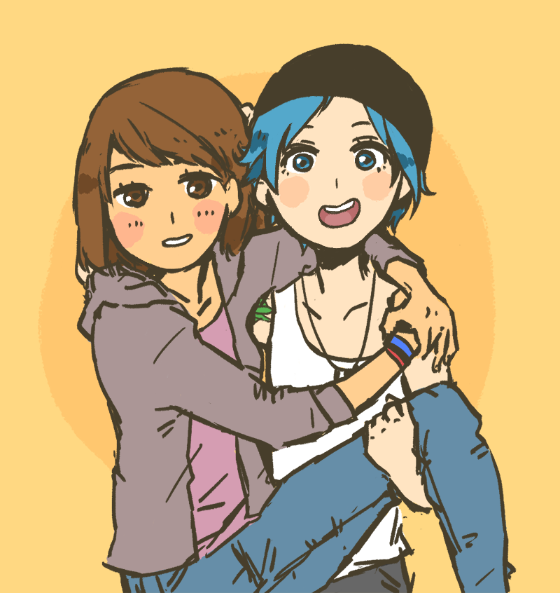 2girls, :d, bangs, black_hat, blue_eyes, blue_hair, blue_pants, blush_stickers