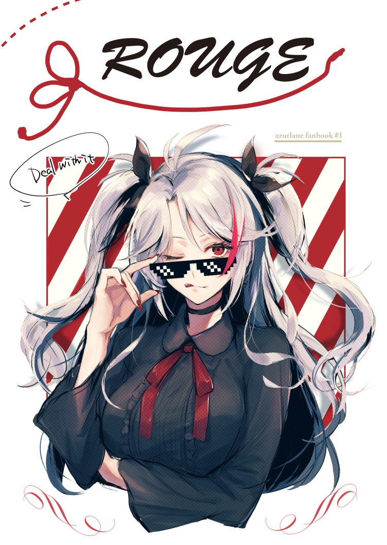 1girl, :q, alternate_costume, antenna_hair, arm_under_breasts, azur_lane, bangs, black_blouse, black_ribbon, blouse, blush, breasts, choker, closed_mouth, collared_blouse, cover, cropped_torso, deal_with_it, eyebrows_visible_through_hair, hair_between_eyes, hair_ribbon, hand_on_eyewear, iron_cross, large_breasts, long_hair, long_sleeves, looking_at_viewer, multicolored_hair, nail_polish, neck_ribbon, one_eye_closed, prinz_eugen_(azur_lane), red_nails, red_neckwear, redhead, ribbon, sidelocks, silver_hair, smile, solo, streaked_hair, sunglasses, tongue, tongue_out, two_side_up, very_long_hair, wide_sleeves, yoshiko_(445em)