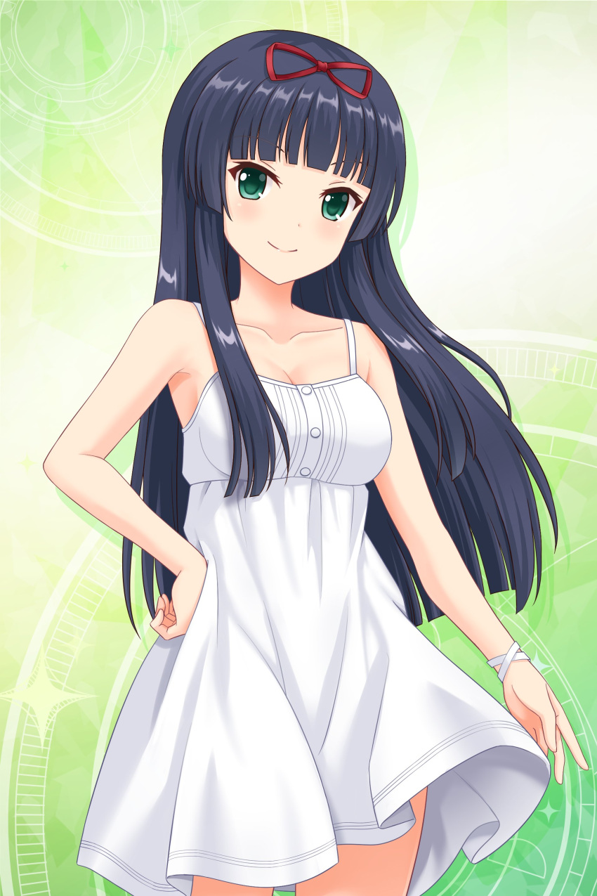 1girl, absurdres, alternative_girls, bangs, bare_shoulders, black_hair, blunt_bangs, blush, bow, bracelet, breasts, cleavage, collarbone, cowboy_shot, dress, green_background, green_eyes, hair_bow, hand_on_hip, highres, jewelry, long_hair, looking_at_viewer, medium_breasts, official_art, red_bow, smile, standing, tendou_machi, white_dress