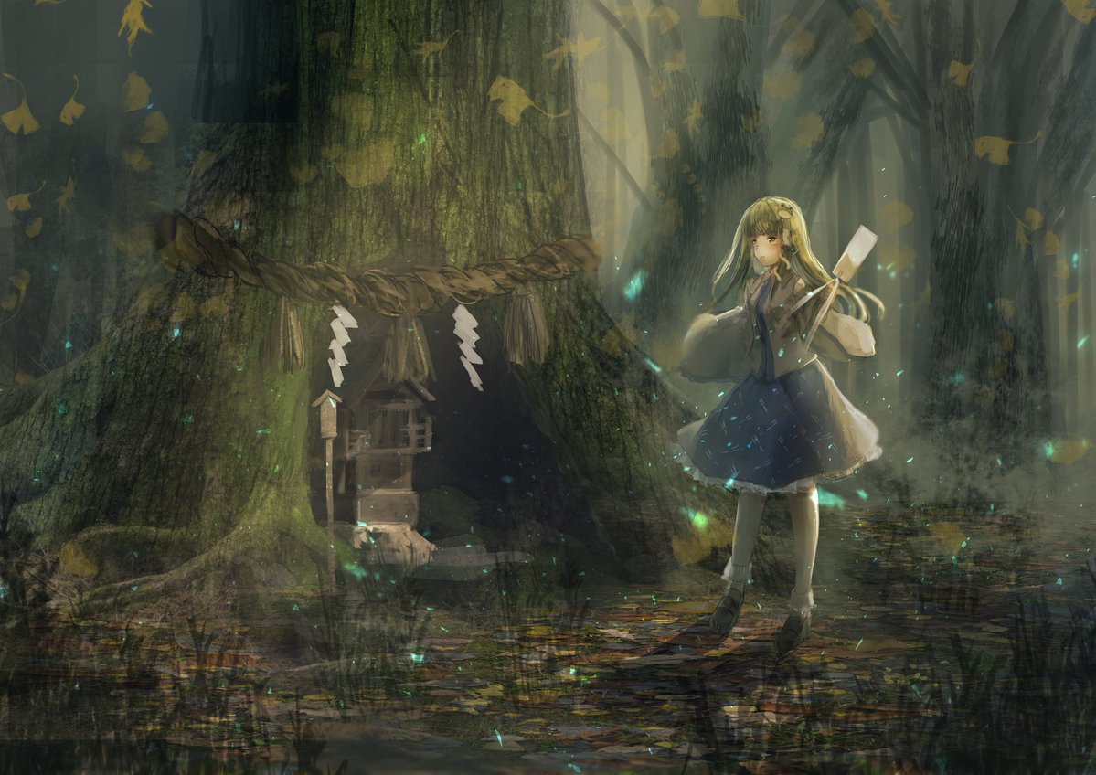 1girl, bare_shoulders, blue_skirt, brown_shoes, collar, detached_sleeves, falling_leaves, forest