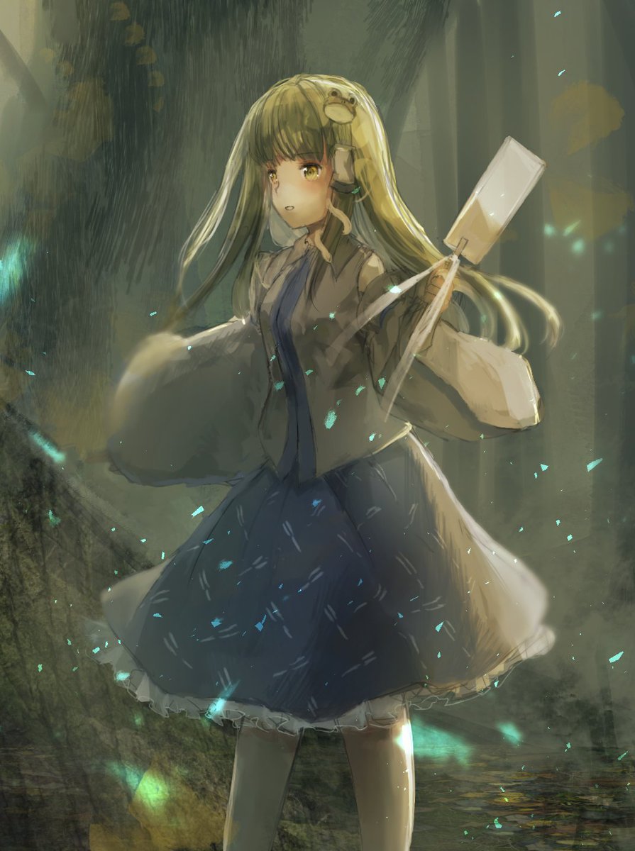 1girl, blue_skirt, collar, detached_sleeves, forest, frills, frog, gohei, hair_accessories, hair_tube, kochiya_sanae, kotorin_neko, leaves, miko, nontraditional_miko, skirt, snake, standing, swamp, touhou, vest