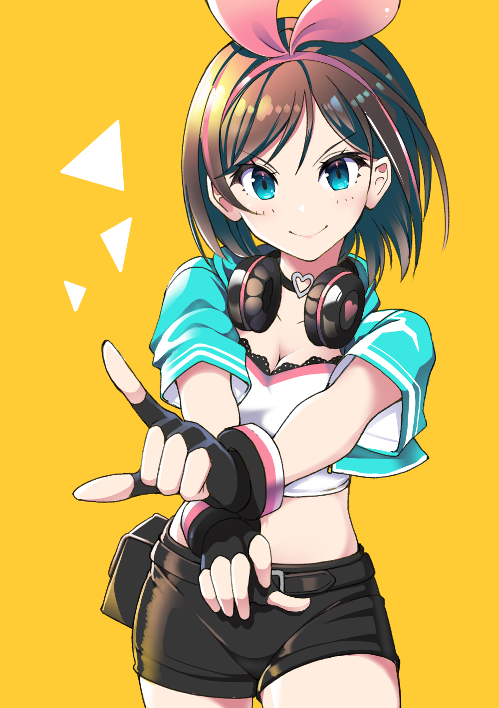 1girl, a.i._channel, aroha_j, blue_eyes, breasts, brown_hair, cleavage, fingerless_gloves