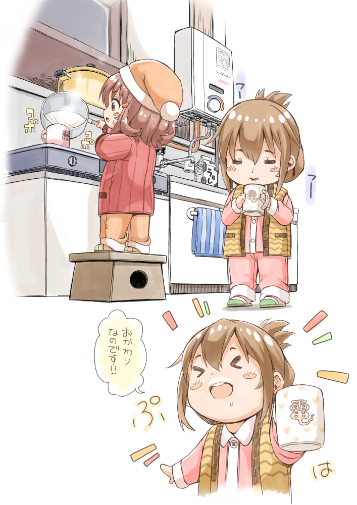 >_<, 2girls, blush_stickers, boiler, brown_eyes, brown_hair, chibi, closed_eyes