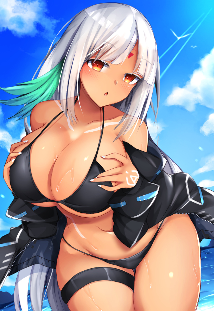 1girl, azur_lane, bare_shoulders, bikini, bikini_top, black_bikini, black_jacket, blue_sky