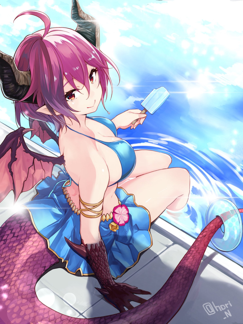 1girl, ahoge, bangs, bare_shoulders, bikini, bikini_skirt, blue_bikini, breasts