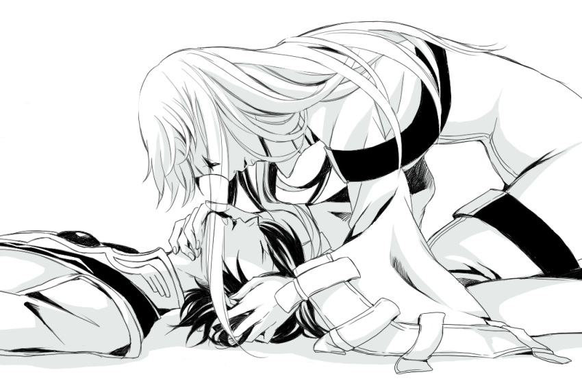 black_hair, c.c., cc, closed_eyes, code_geass, jini, lelouch_lamperouge, monochrome