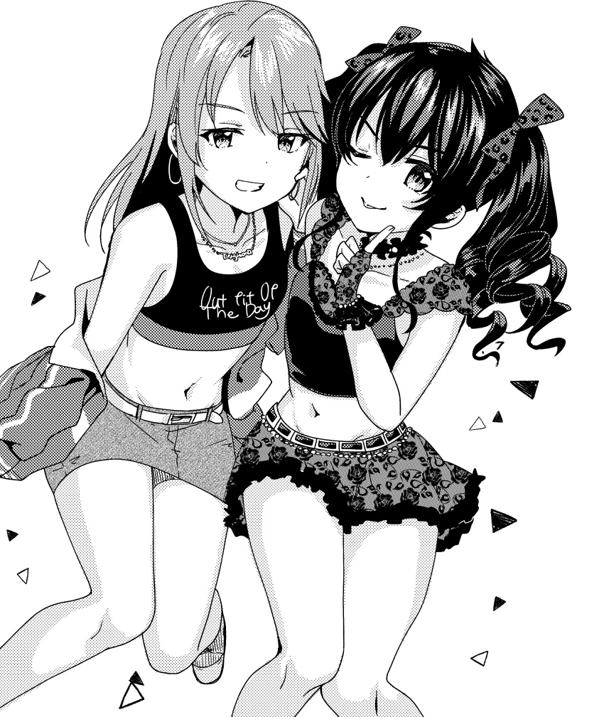 2girls, ;p, absurdres, animal_print, belt, bow, clothes_writing, drill_hair