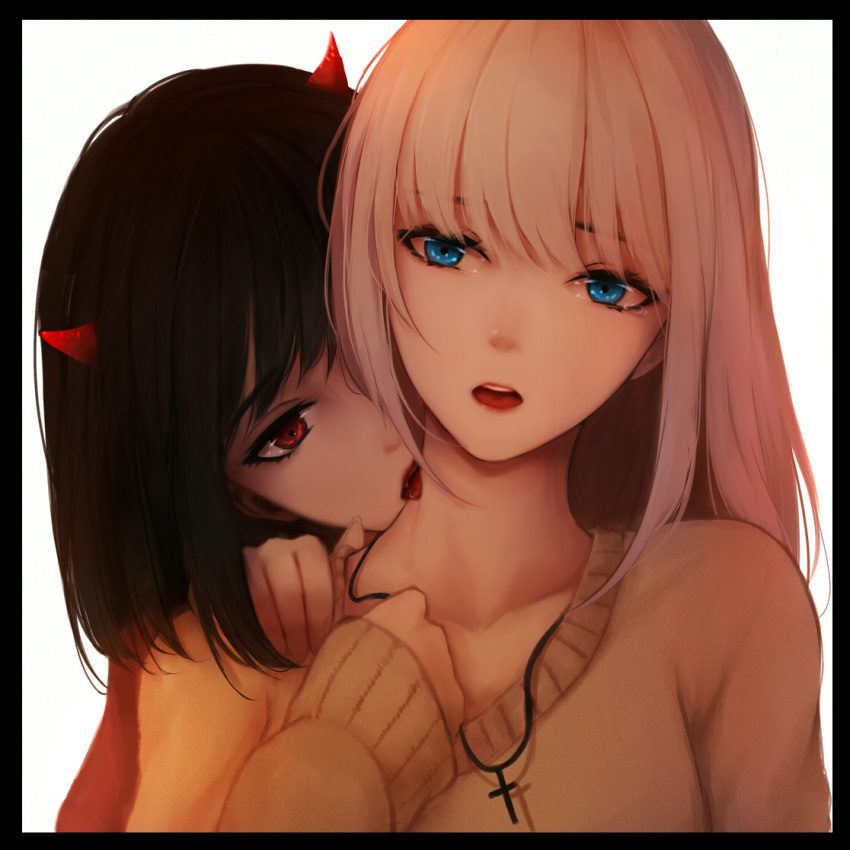 2girls, beige_sweater, black_border, black_hair, blonde_hair, blue_eyes, border, cross