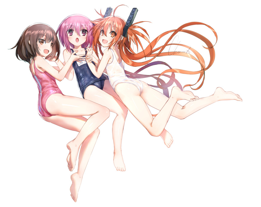 3girls, :d, :o, ahoge, aihara_enju, artist_name, ass, bare_shoulders, barefoot, black_bullet, blue_swimsuit, brown_eyes, brown_hair, crossover, eyebrows_visible_through_hair, feet, full_body, hair_between_eyes, hair_ornament, llenn_(sao), long_hair, looking_at_viewer, minato_tomoka, multiple_crossover, multiple_girls, name_tag, observerz, one-piece_swimsuit, open_mouth, orange_eyes, orange_hair, pink_hair, pink_swimsuit, rou-kyuu-bu!, school_swimsuit, short_hair, signature, simple_background, smile, soles, swimsuit, sword_art_online, sword_art_online_alternative:_gun_gale_online, twintails, very_long_hair, white_background, white_swimsuit