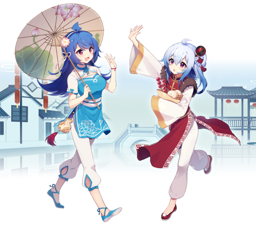 2girls, ahoge, bili_girl_22, bili_girl_33, bilibili_douga, blue_hair, blush, breasts