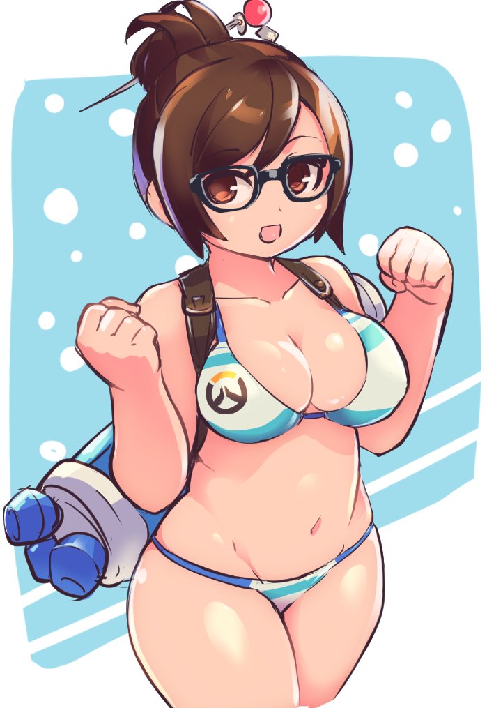 1girl, :d, bangs, bare_arms, bare_shoulders, bikini, black-framed_eyewear, breasts