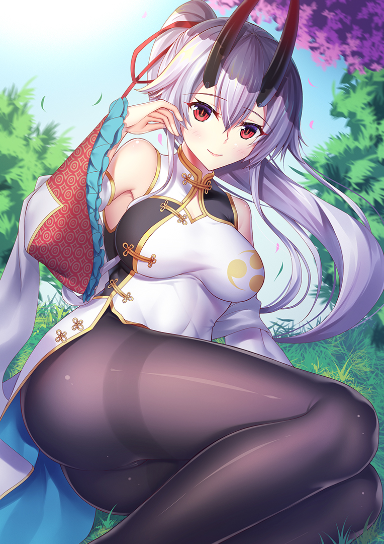 1girl, black_legwear, blush, china_dress, chinese_clothes, detached_sleeves, dress, eyebrows_visible_through_hair