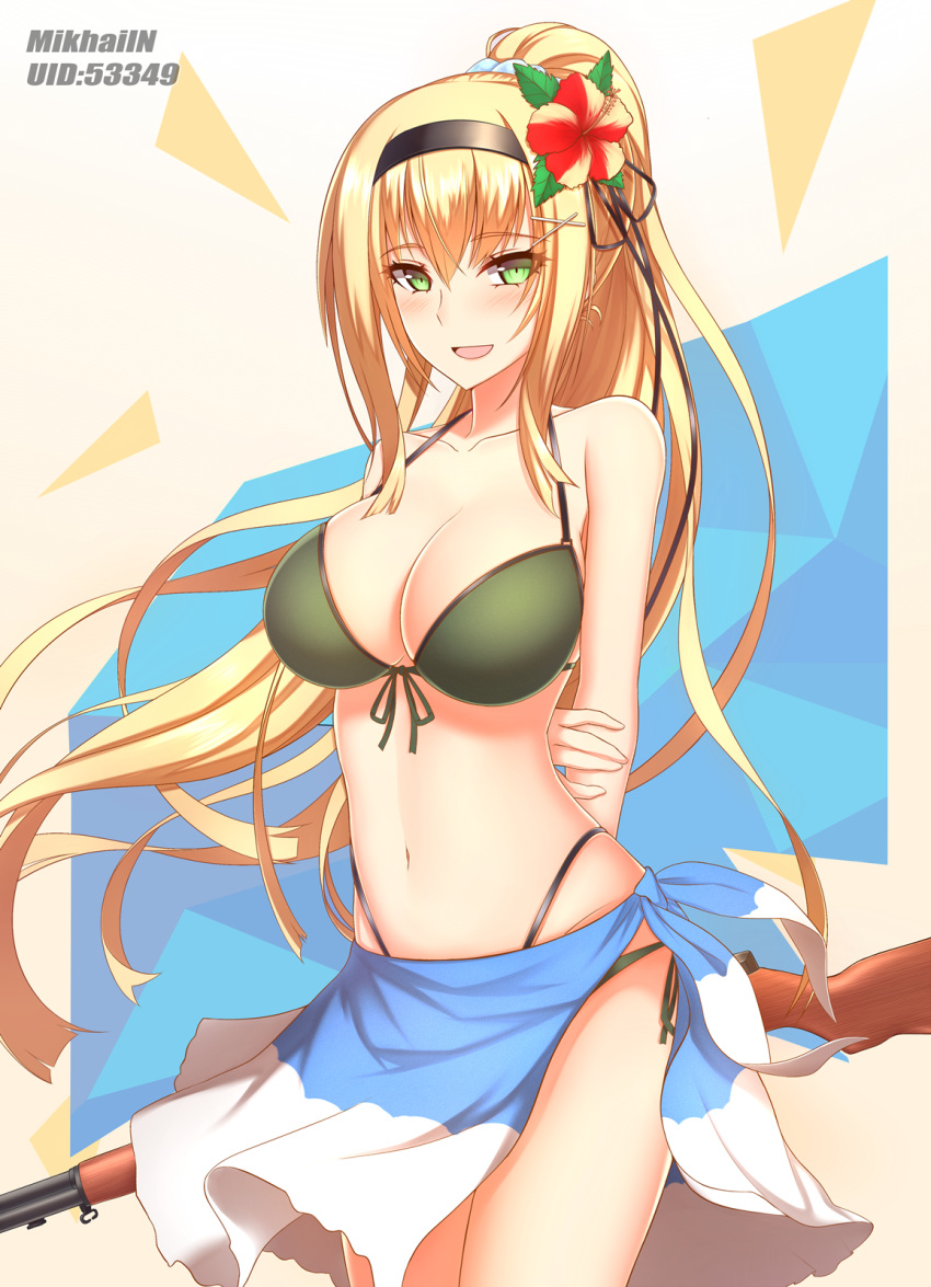 1girl, :d, alternate_costume, alternate_hairstyle, arms_behind_back, bikini, black_hairband, black_ribbon